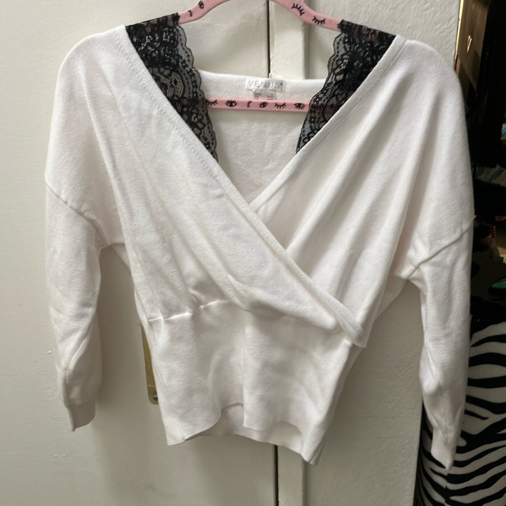 VENUS White Wrap Top with Black Lace Detail